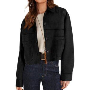 Women's Faux Suede Cropped Jacket Casual Lightweight Spring Outerwear Black
